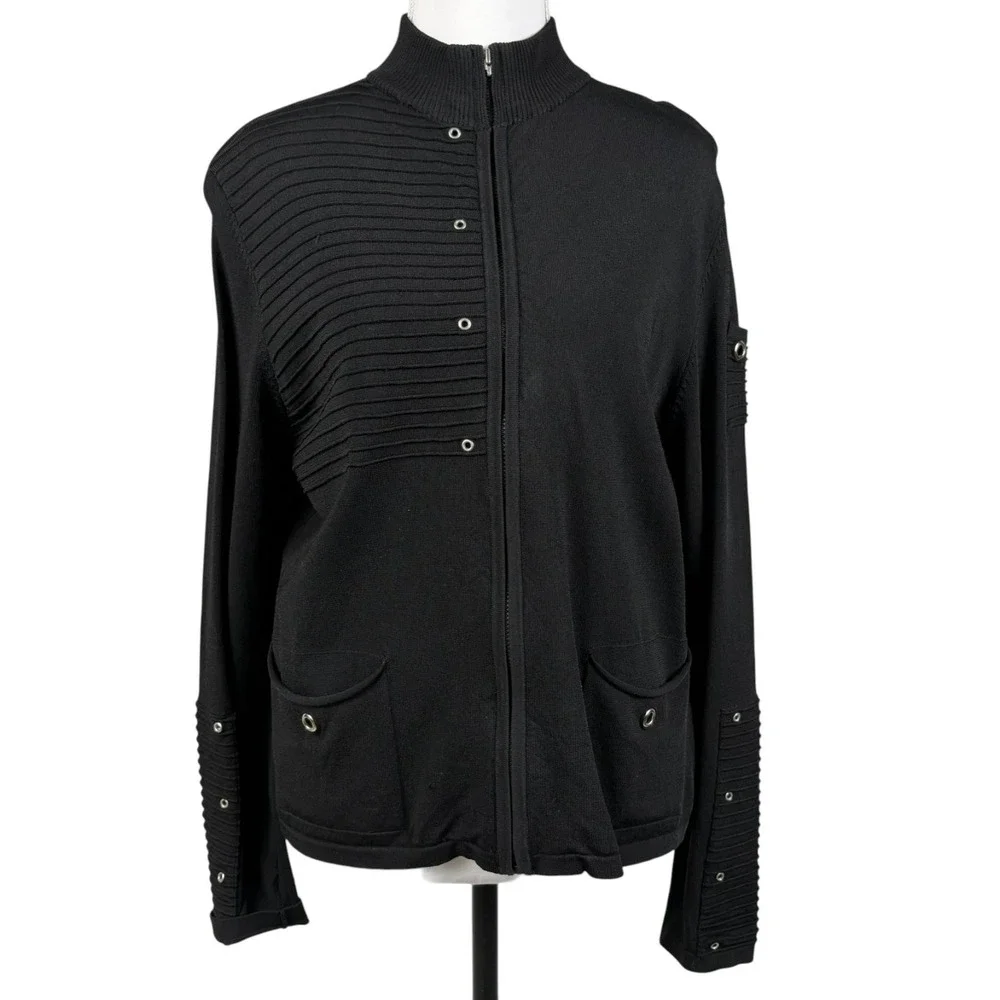 Jamie Sadock Textured Knit Sport Jacket Womens M Black Stretch Ribbed Athleisure
